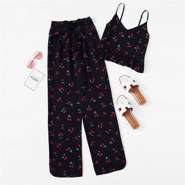 

sleepwear for women femme lingeries cherry print ruffle cami pants pj set spaghetti strap knot women summer sleeveless casual nightwear, Black;red