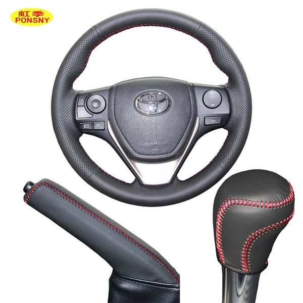 

ponsny car gear/handbrake/steering genuine leather covers case for rav4 2013 corolla 2014 auto hand-stitched cover