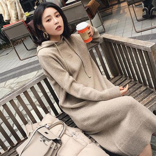 

online celebrity casual laziness-style thick hooded sweater skirt women's mid-length 2019 new style hooded long skirts autumn, White;black