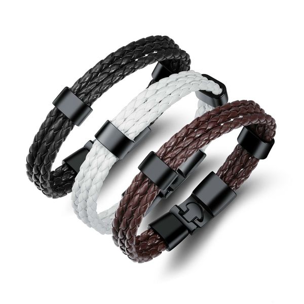 

multi-layer genuine pu leather men bracelet creative titanium steel leather bracelet stainless steel charm bangle jewel, Golden;silver