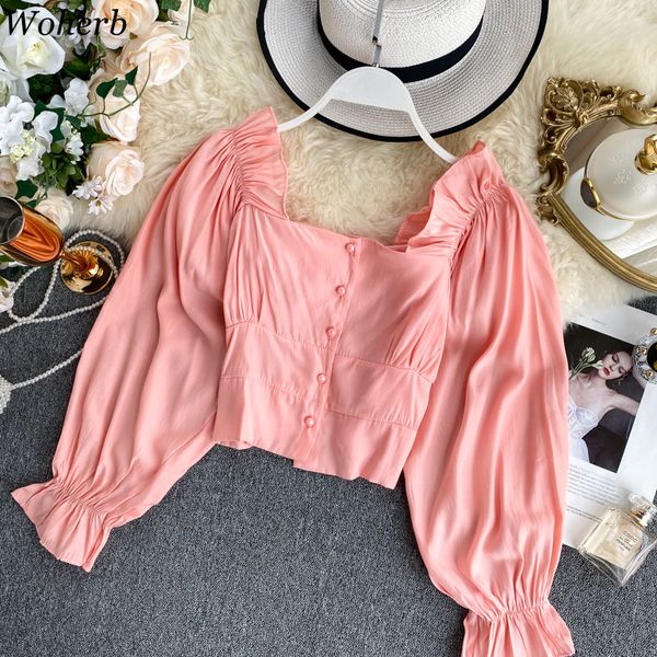 

woherb vintage solid color short blouse square collar long puff sleeve shirts korean fashion sweet new blusas mujer 91203, White