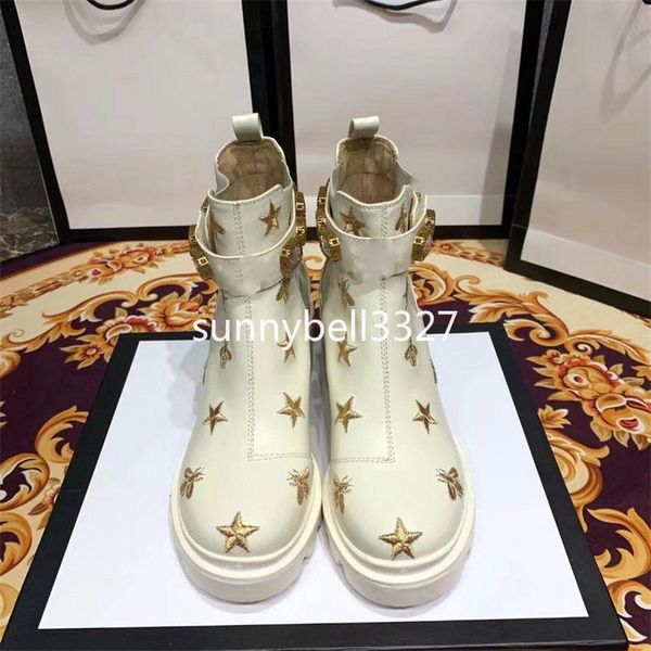 

2019 female martin boots with box women's trip embroidered leather ankle boot with belt boots and booties for women shoes 3gg4, Black