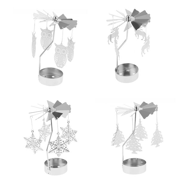 

4pack christmas decor candle spinner, rotating tea light candle holder, silver, snowflake/ elk /tree /owl