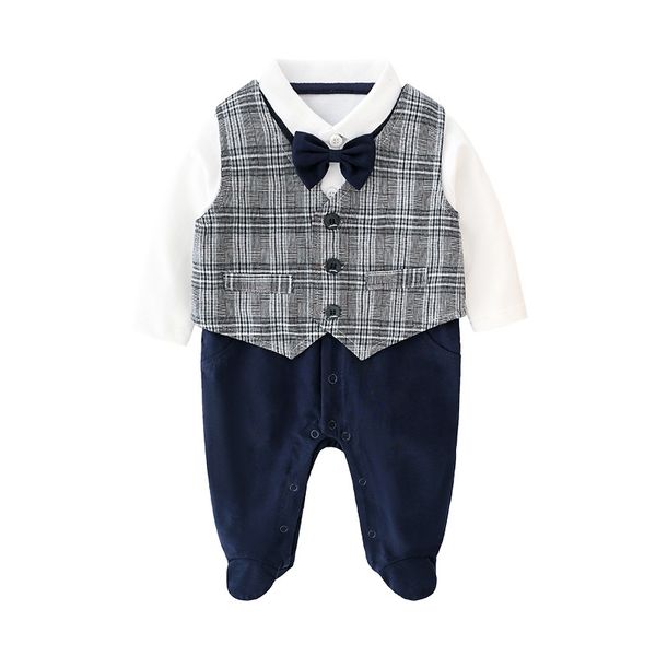 

autumn new style childrens clothes 0-1 years old babys long-sleeved gentlemans romper classic plaid vest jumpsuit, Blue