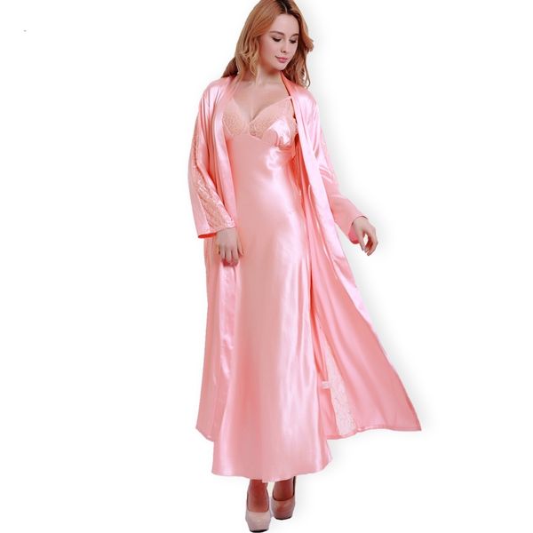 

fashion new silk robes + nightdress two-piece women sleepwear lace v-neck sleeping robe long-sleeve nightgowns fw001, Black;red