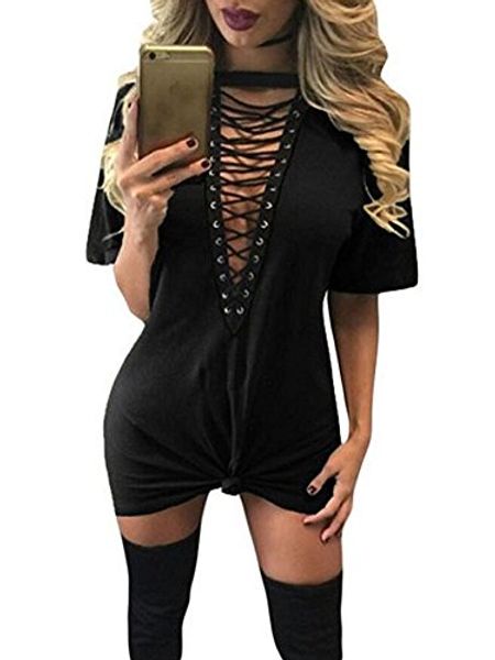 

tob women's halter lace up mini t shirt club dress, Black;gray