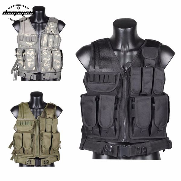 

tactical equipment training combat vest army paintball hunting armor molle vests with gun holster, Camo;black