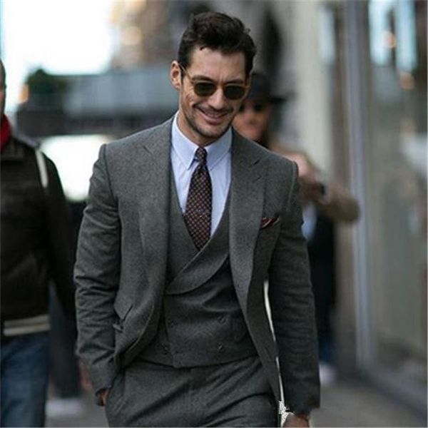 

new slim fit one button dark grey wedding groom tuxedos peak lapel groomsmen men suits prom blazer (jacket+pants+vest+tie) 175, Black;gray