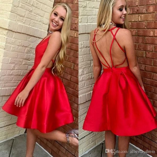 Sexy günstige einfache rote kurze Cocktailkleider mit tiefem V-Ausschnitt über dem Knie, formelles Abschlussballkleid, Partykleider, Abendkleider, Abschlusskleid