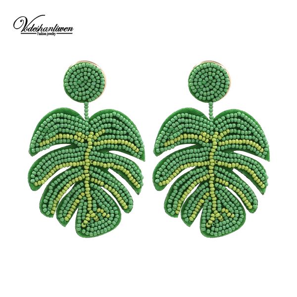 

vodeshanliwen 2019 hand knitting leaf drop earrings for women fashion bead big earrings bohemia accessory, Silver