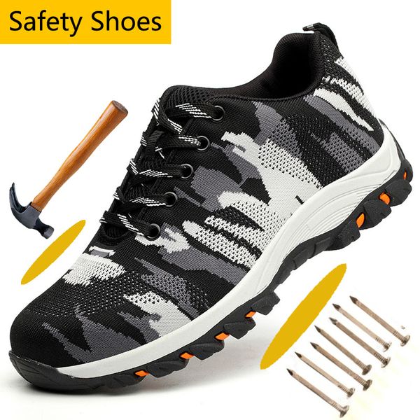 

protective steel toe anti-smashing work safety shoes camouflage mesh anti-puncture safety shoes for men breathable hiking, Black