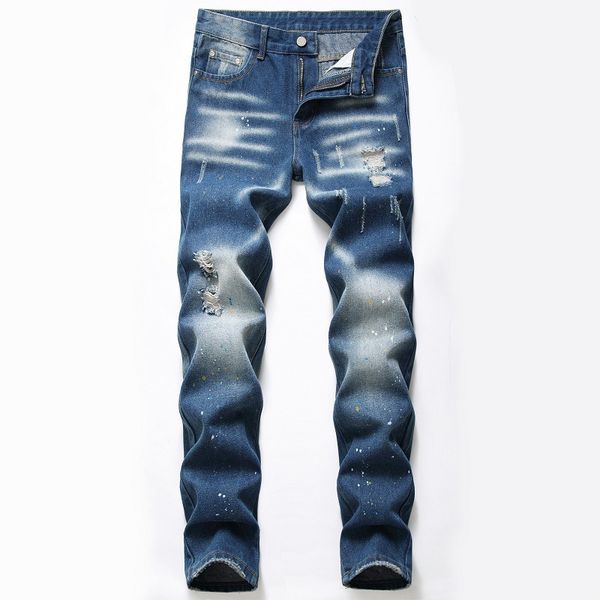 

2020 ripped jeans for men slim fit stretch fashion high street style male denim pants frayed destroyed vintage mens punk jeans, Blue