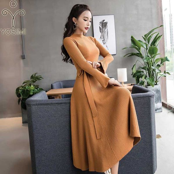 

yosimi 2019 autumn winter maxi long women dress stand-neck elasticity sweater dress female vestidos full sleeve ankle-length, Black;gray