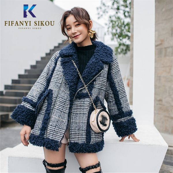 

2020 women winter coat wool blend outerwear fashion plaid splice woolen coat female loose thick warm overcoat, Black