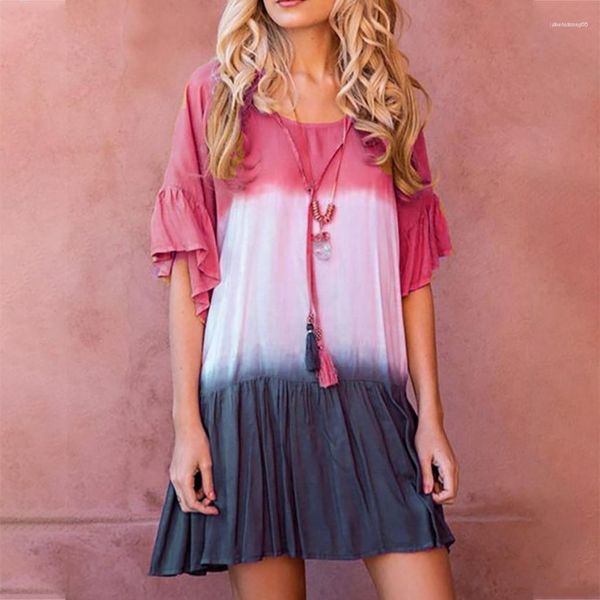 

neck loose short sleeve dresses summer new casual fashion apparel womens mixed dyeing printed womens dresses crew, Black;gray