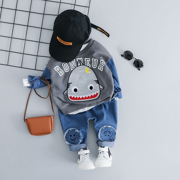 

children baby boy denim set 1 2 3 4 years cute cartoon shark print and jeans 2pcs 2019 fashion kid boy boys clothes, White