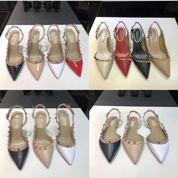 

designer women high heels stud sandals genuine pointed toe leather slingback pumps ladies dance rivets shoes fashion girls party shoes, Black