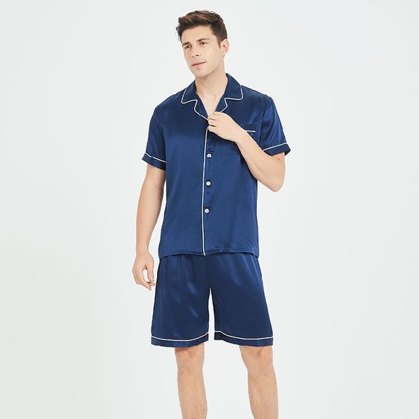 

men's sleepwear men's short-sleeved shorts heavyweight silk pajamas set summer comfortable 100% leisure pijama mans, Black;brown