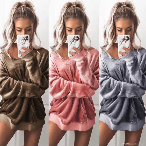 

women winter velvet hoodies v-neck solid color autumn sweatshirts long sleeve clothes, Black