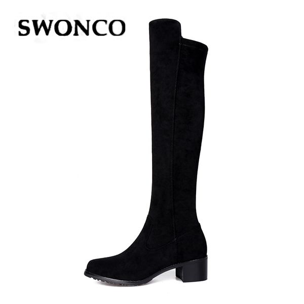 

swonco 42 plus size slim leg shoes women knee high boots genuine leather casual shoes female 2019 black knight riding boots lady