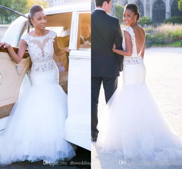 

сексуальное свадебное платье из бисера русалка совок шеи колпачок рукава створки кружева свадебные платья плюс размер свадебное платье без с, White