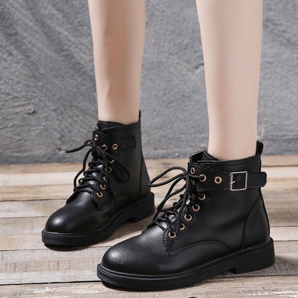 

2020 buckle strap black ankle boots for women fashion leather waterproof snow boots woman shoes flats breathable martins