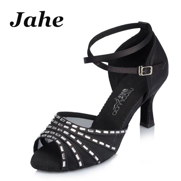 

women salsa party ballroom shoes latin dance shoes big small rhinestone shining black skin black satin cuba heel 8.5cm