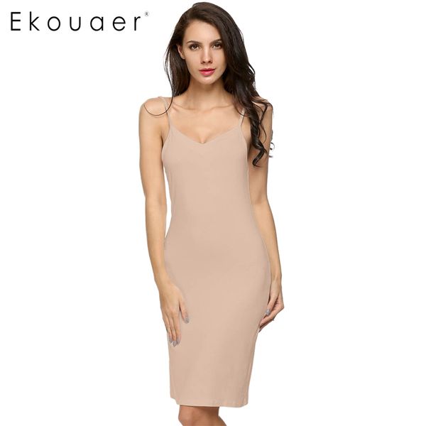 

ekouaer ladies women casual strap slip sleeveless v-neck solid home bottoming straight dress size s-2xl dresses vestidos, Black;pink
