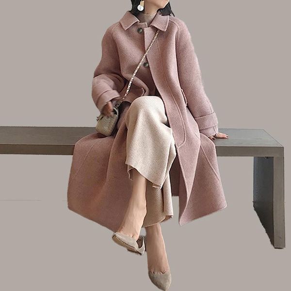

women 219 spring autumn elegant wool blend coats female herringbone pattern overcoats single button warm woolen outerwear v733, Black