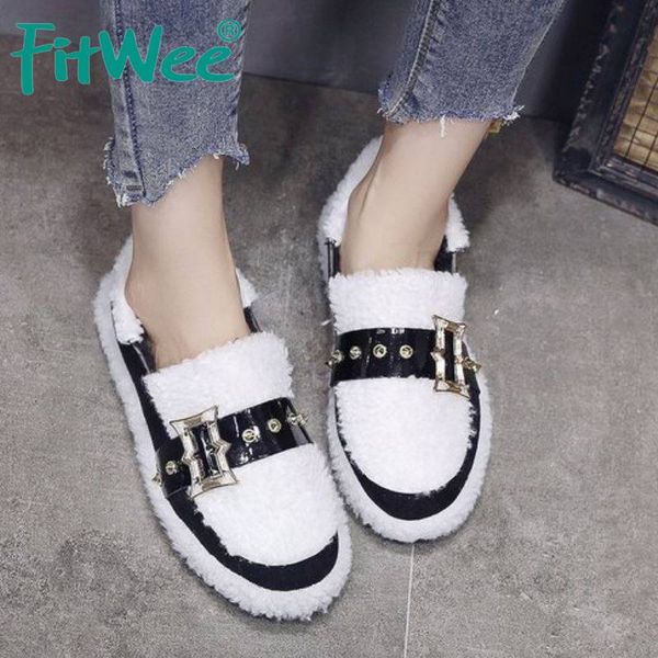 

fitwee soft bottom women flats shoes autumn winter fur casual shoes buckle slip on comfortable warm women footwear size 35-40, Black