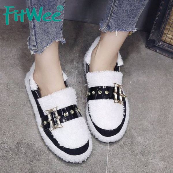 

fitwee soft bottom women flats shoes autumn winter fur casual shoes buckle slip on comfortable warm women footwear size 35-40, Black