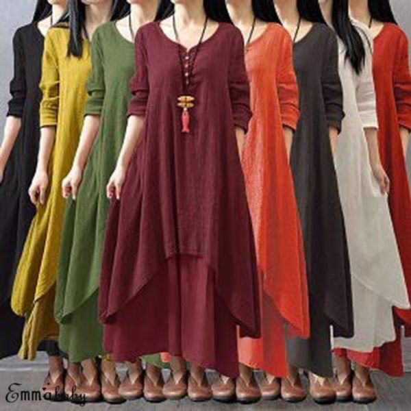 

fashion women peasant ethnic boho autumn cotton linen long sleeve maxi dress gypsy shirt dress kaftan tunic size -2xl, Black;gray