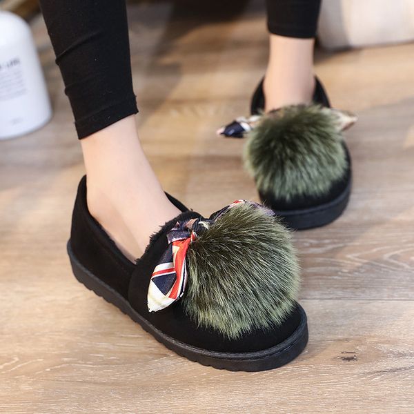 

winter plush keep warm women flats fur loafers casual mules, Black