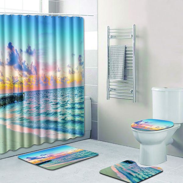 

4 pcs sea style beach women shower curtain bath rug sets toilet cover bath mat set bathroom accessories curtains with hooks#g7