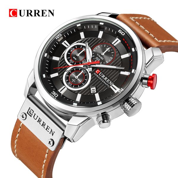 

curren man quartz watch analog digital leather waterproof sport watches men's army clock relogio masculino, Slivery;brown