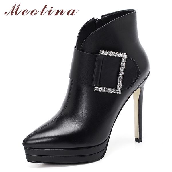 

meotina fall ankle boots women natural genuine leather buckle platform thin high heel short boots crystal zip shoes lady winter, Black