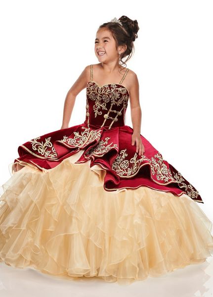 2021 Flower Girls Abiti senza spalline Appliques in pizzo Ricamo a strati Organza Lunghezza del pavimento Per bambini Abiti da festa di compleanno per bambini Rosso scuro Blu navy