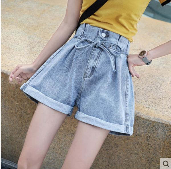 

light blue high waist jeans shorts female loose edge lace-up wide-legged pants student a word pants