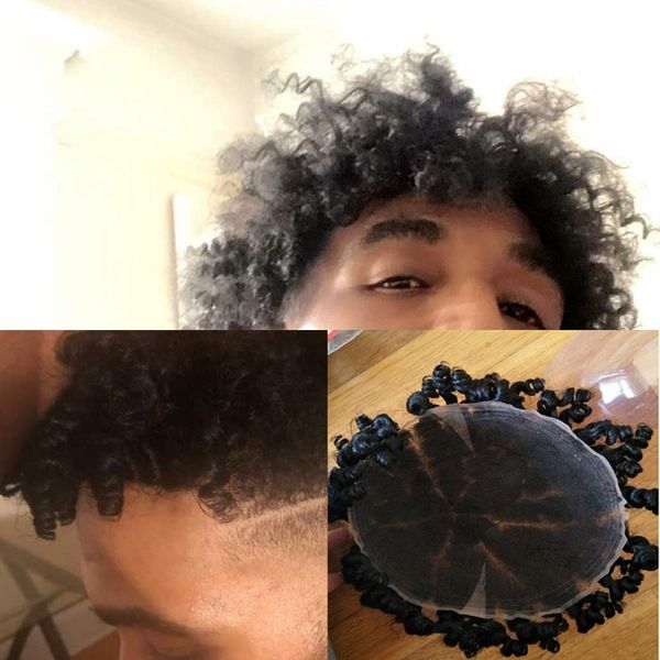 2019 Full Lace Afro Wave Hair Toupee Loose Curly Wave Men Toupee Replacement Systems 8x10 Black Loose Curl Human Hair Toupee For Black Men From