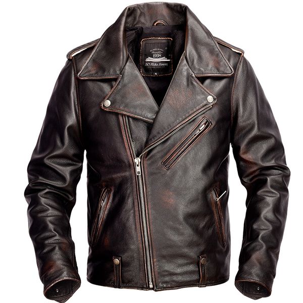 

2019 vintage brown men american biker's leather jacket plus size 4xl genuine cowhide spring slim fit leahter coat ing, Black