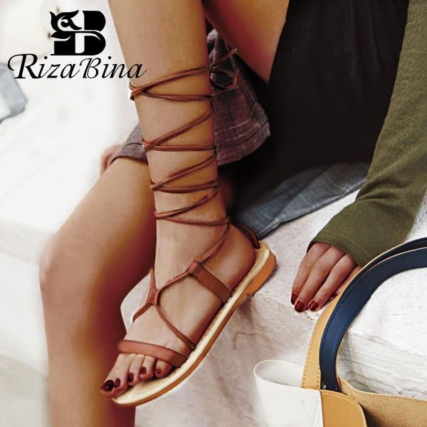 

rizabina plus size 34-50 women flats sandals cross tied gladiator sandals 2019 summer roman style strappy shoes women, Black