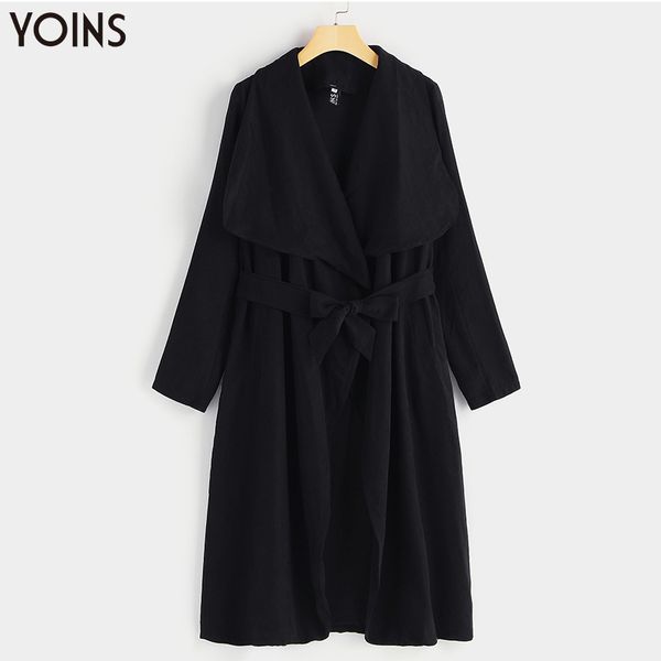 

yonis 2019 autumn winter trench coats jacket women belt lapel collar long sleeves side pockets plus size 2xl oversized windproof, Tan;black