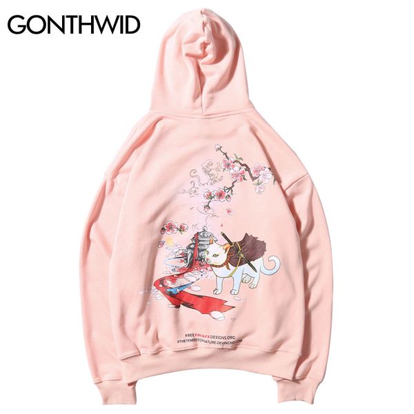 

japanese style samurai cat cherry blossoms flowers print hooded sweatshirts harajuku pullover hoodie hip hop streetwear, Black