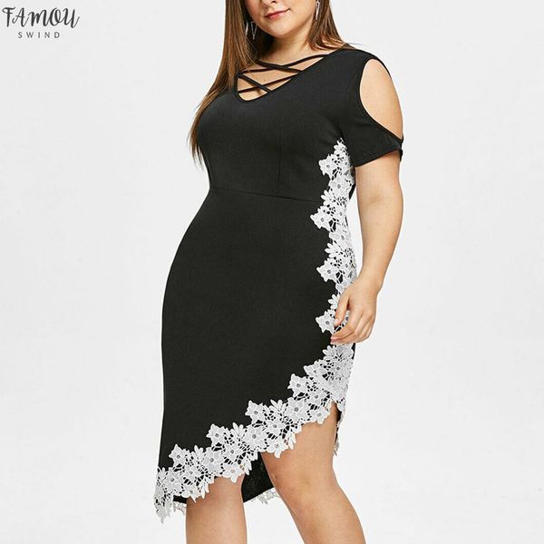 

2020 new summer women dress fashion plus size off shoulder appliques lace cross asymmetrical elegant sundress ad, Black;gray