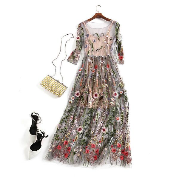 

embroidery party dresses runway floral bohemian flower embroidered 2 pieces vintage boho mesh dresses for women vestido d75905, Black;gray