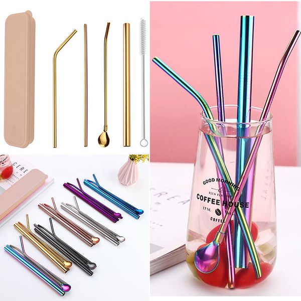 

long stainless steel metal drinking straws with cleaning brushes set recycle