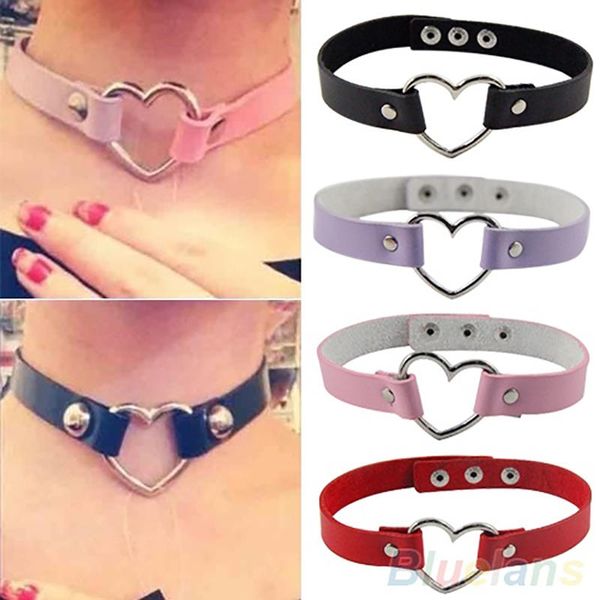 

women men cool punk goth rivet heart-shape leather collar choker necklace, Silver