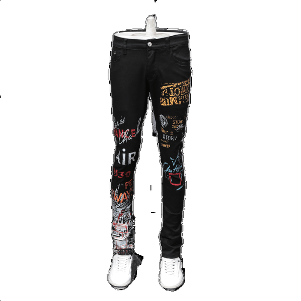 

men's jeans black printing elastic force leisure time male tide brand personality directly canister self-cultivation long flower, Blue