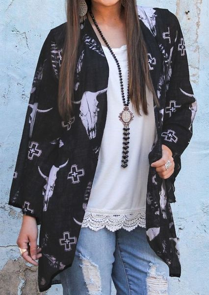 

new women fashion cardigan bull head print feather cross three quarter sleeve cardigan loose spring summer femme, White