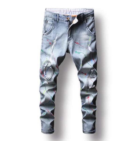 

men's colored drawing pattern printed jeans fashion light blue stretch cotton slim fit pants destroyed patch denim #5512